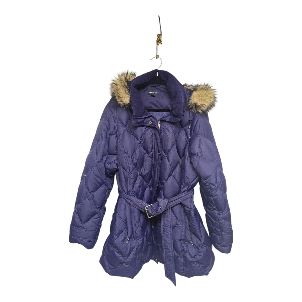 Lands' End Women's Purple Puffer Coat with Fur Trim